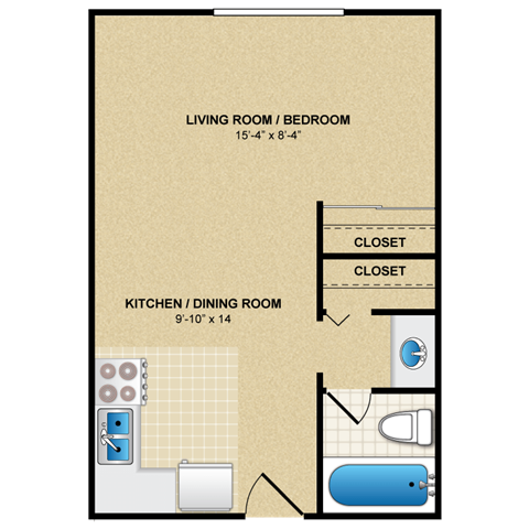 Floor plan for studio, 1 bath, 420 sqft